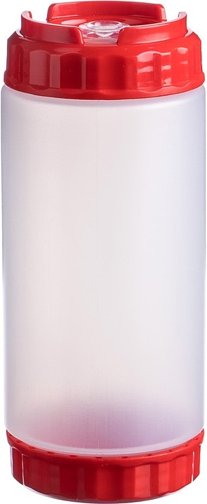 Диспенсер для соуса Gastroplast 79701 500 мл d=7 см h=16,6 см (пластик) прозрачный c силиконовым носиком и 2 красными крышками