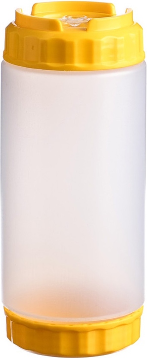 Диспенсер для соуса Gastroplast 79704 500 мл d=7 см h=16,6 см (пластик) прозрачный c силиконовым носиком и 2 желтыми крышками