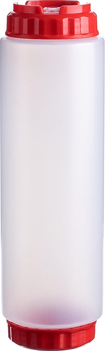 Диспенсер для соуса Gastroplast 79711 1000 мл d=7,5 см h=25,7 см (пластик) прозрачный c силиконовым носиком и 2 красными крышками