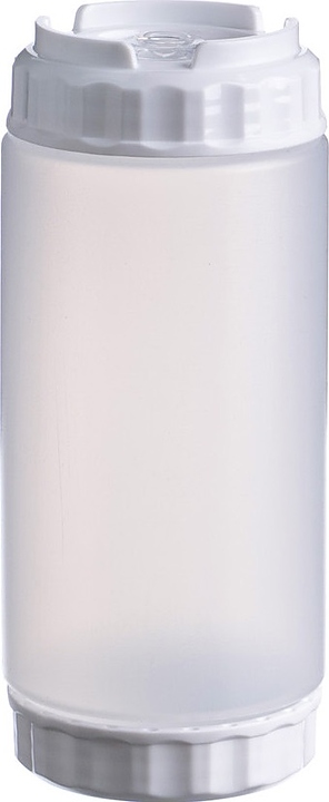 Диспенсер для соуса Gastroplast 79703 500 мл d=7 см h=16,6 см (пластик) прозрачный c силиконовым носиком и 2 белыми крышками