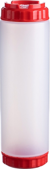 Диспенсер для соуса Gastroplast 79706 750 мл d=7 см h=23,7 см (пластик) прозрачный c силиконовым носиком и 2 красными крышками