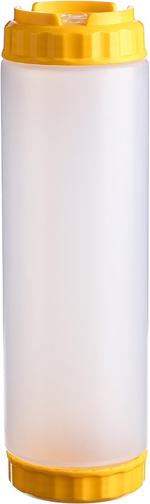 Диспенсер для соуса Gastroplast 79709 750 мл d=7 см h=23,7 см (пластик) прозрачный c силиконовым носиком и 2 желтыми крышками