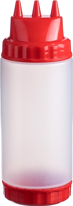 Диспенсер для соуса Gastroplast 79671 500 мл d=7 см h=20 см (пластик) прозрачный c 2 красными крышками и 3 носиками