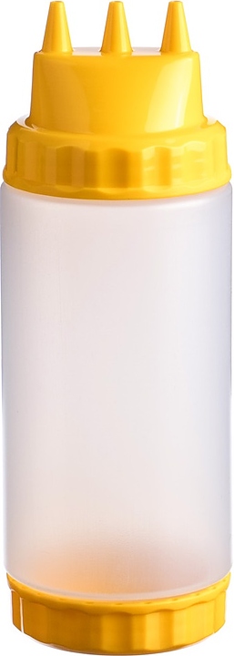 Диспенсер для соуса Gastroplast 79674 500 мл d=7 см h=20 см (пластик) прозрачный c 2 желтыми крышками и 3 носиками
