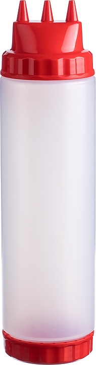 Диспенсер для соуса Gastroplast 79676 750 мл d=7 см h=27 см (пластик) прозрачный c 2 красными крышками и 3 носиками