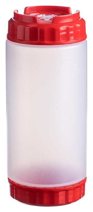 Диспенсер для соуса Gastroplast 79701 500 мл d=7 см h=16,6 см (пластик) прозрачный c силиконовым носиком и 2 красными крышками