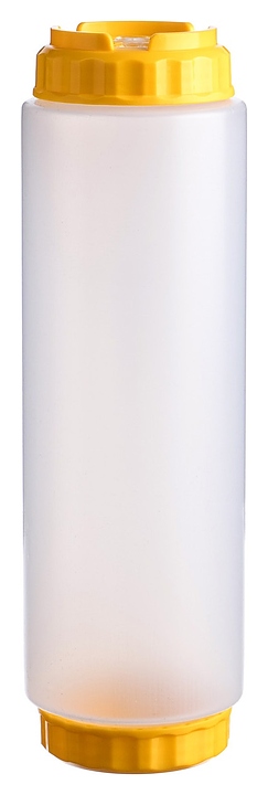 Диспенсер для соуса Gastroplast 79714 1000 мл d=7,5 см h=25,7 см (пластик) прозрачный c силиконовым носиком и 2 желтыми крышками