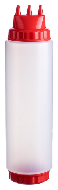 Диспенсер для соуса Gastroplast 79681 1000 мл d=7,5 см h=29 см (пластик) прозрачный c 2 красными крышками и 3 носиками