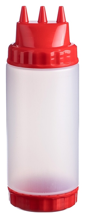 Диспенсер для соуса Gastroplast 79671 500 мл d=7 см h=20 см (пластик) прозрачный c 2 красными крышками и 3 носиками
