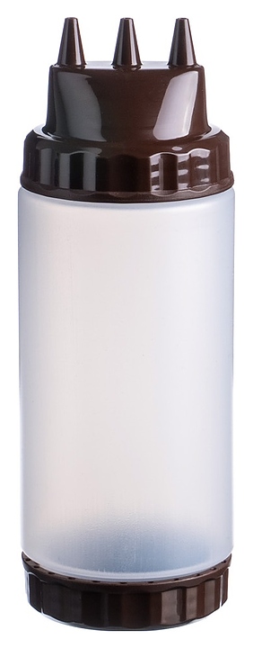 Диспенсер для соуса Gastroplast 79672 500 мл d=7 см h=20 см (пластик) прозрачный c 2 коричневыми крышками и 3 носиками