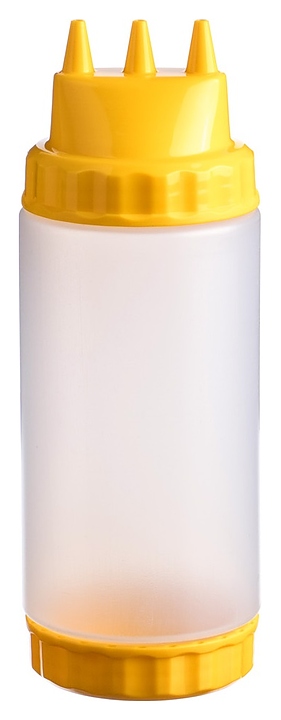 Диспенсер для соуса Gastroplast 79674 500 мл d=7 см h=20 см (пластик) прозрачный c 2 желтыми крышками и 3 носиками