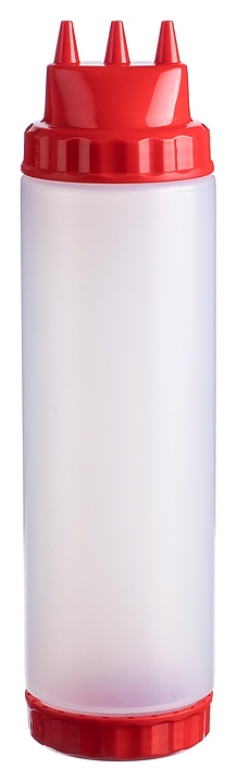 Диспенсер для соуса Gastroplast 79676 750 мл d=7 см h=27 см (пластик) прозрачный c 2 красными крышками и 3 носиками