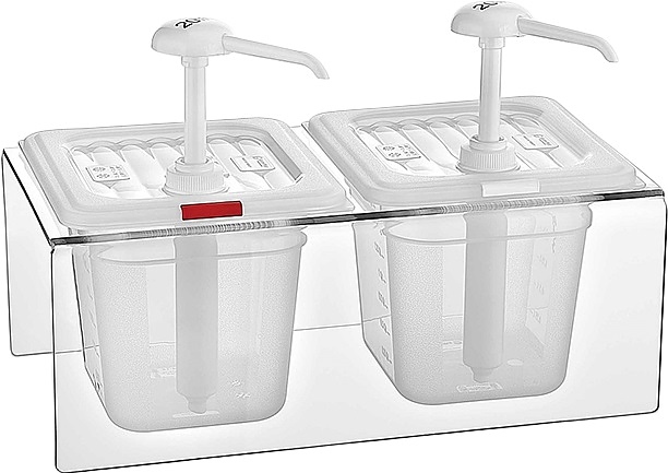 GDP-02 2х2 л GN1/6 h = 150 мм с дозатором 25 мл (полипропилен) на подставке (поликарбонат) прозрачный