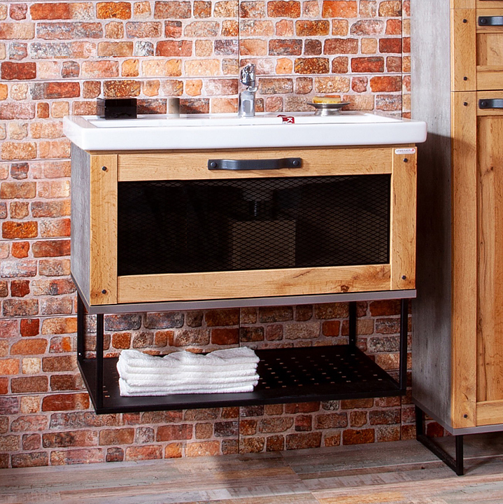 Тумба под раковину БРИКЛАЕР Лофт 80 см подвесная, дуб золотой, метрополитен грей