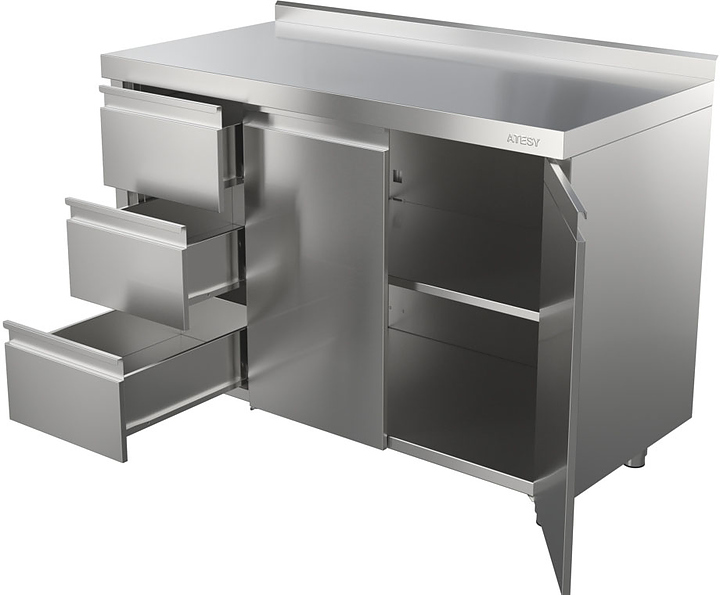 Стол производственный ATESY СТ-С-1-1200.600-02-Р-3Л с ящиками, с бортом