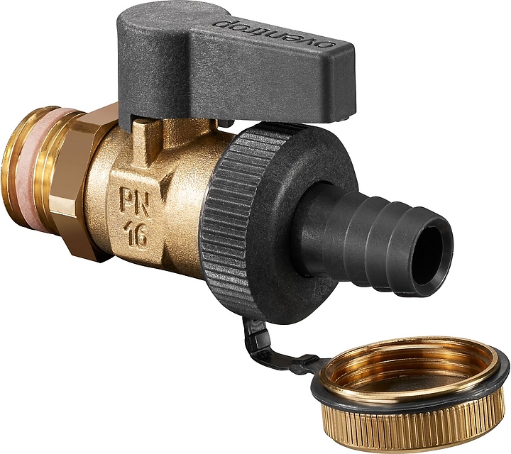 Кран шаровой Oventrop Optiflex KFE 1033313, ДУ 10, PN 16, R 3/8" (НР), со штуцером для шланга и колпачком, латунь