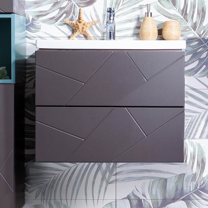 Тумба под раковину БРИКЛАЕР Кристалл 60 см без ниши, подвесная, ясень анкор темный, софт графит