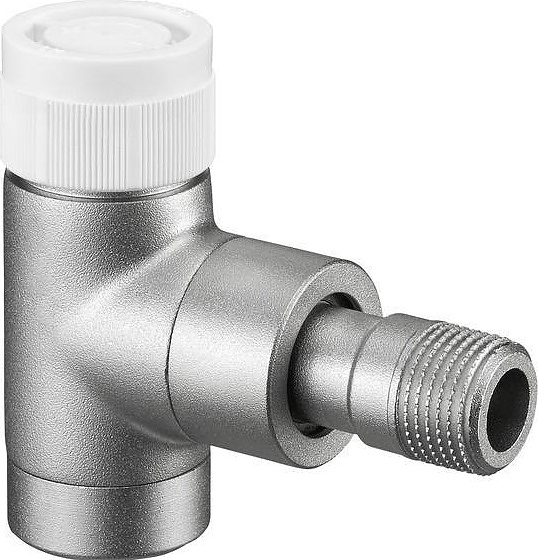 Вентиль термостатический угловой Oventrop E 1163042, ДУ 15, PN 10, Rp 1/2" (ВР) - R 1/2" (НР) - М 30х1.5, никелированная латунь, с преднастойкой