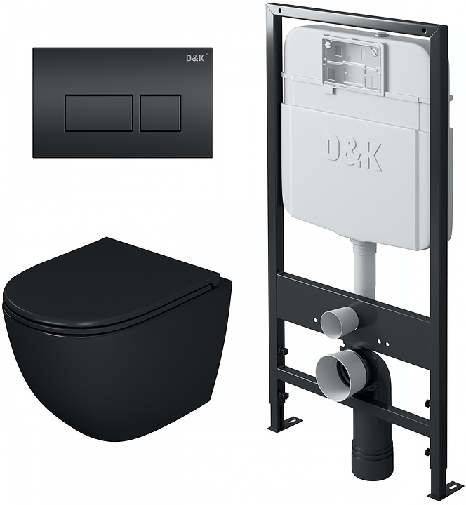 Унитаз подвесной с инсталляцией, сиденьем и клавишей смыва D&K Matrix DS1392501 безободковый, черный