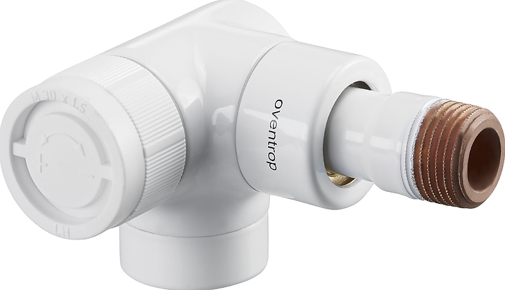 Вентиль термостатический трехосевой левый Oventrop E 1163462, ДУ 15, PN 10, Rp 1/2" (ВР) - R 1/2" (НР) - М 30х1.5, латунь, белый (RAL 9016) с преднастойкой