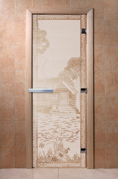 Дверь для хаммама Doorwood Хамам Банька в лесу 2000х800 мм правосторонняя (стекло / алюминий) сатин