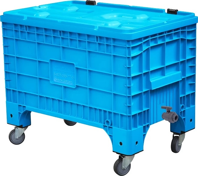 Контейнер ТАРА.РУ B-Box 1065 Mini 1017х636х793 мм (сплошной на колесах) с шаровым краном и сливной пробкой 1" голубой