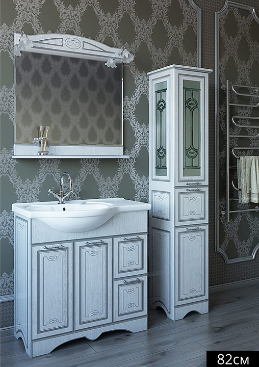 Гарнитур Sanflor Адель 82 см, 4 предмета, с правост. раковиной, c правост. пеналом, белый, серебро