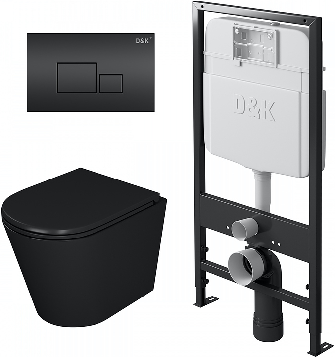 Унитаз подвесной с инсталляцией, сиденьем и клавишей смыва D&K DS1022502 безободковый, черный