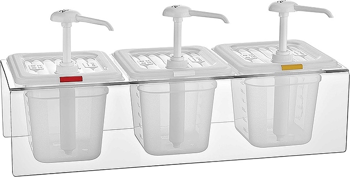 Диспенсер для соуса Gastroplast GDP-03 3х2 л GN1/6 h=150 мм с дозатором 25 мл (полипропилен) на подставке (поликарбонат) прозрачный