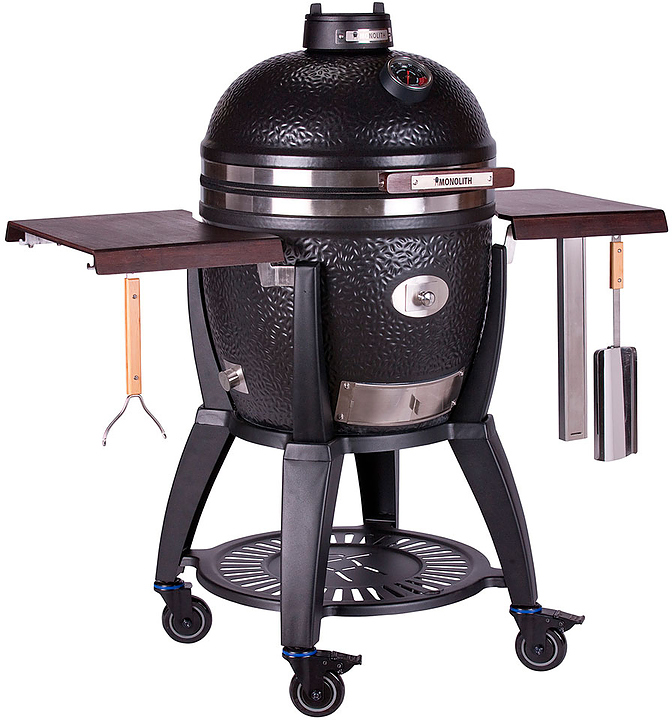 Гриль керамический Monolith Grill Avantgarde.55 (Сlassic), черный матовый с боковыми столиками и подставкой на колесиках