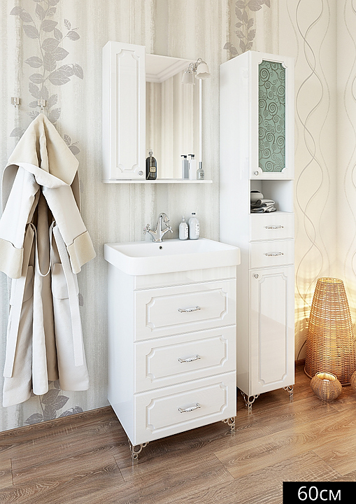 Гарнитур Sanflor Ксения 60 см, 4 предмета, с тумбой на опорах, с левост. зеркалом, с правост. пеналом, белый