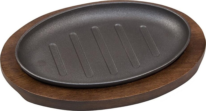 Сковорода для подачи P.L. Proff Cuisine SG-69949 26х16 см h=2 см (алюминий) овальная на деревянной подставке