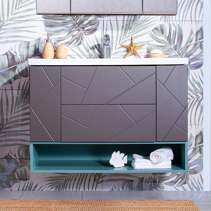 Тумба под раковину БРИКЛАЕР Кристалл 100 см с нишей, подвесная, ясень анкор темный, софт графит