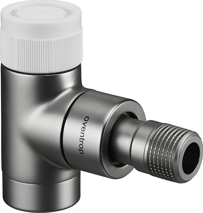 Вентиль термостатический угловой Oventrop E 1163082, ДУ 15, PN 10, Rp 1/2" (ВР) - R 1/2" (НР) - М 30х1.5, латунь, матовая сталь, с преднастойкой