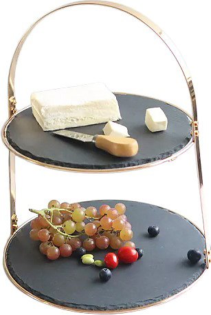 Этажерка сервировочная MGprof 68758 d=32/34,5 см h=35 см 2-ярусная (сланец / металл) черная / золото