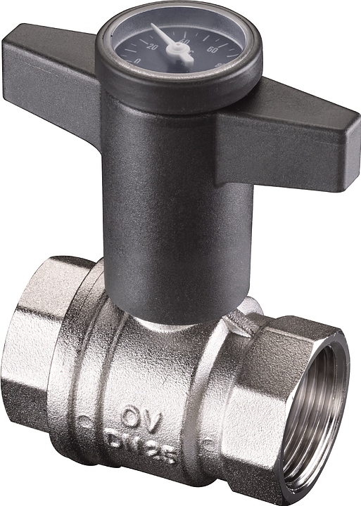 Кран шаровой Oventrop Optibal 1078010, ДУ 32, PN 16, G 1 1/4" (ВР) - G 1 1/4" (ВР), никелированная латунь, с термометром