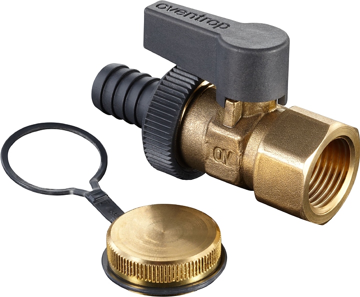 Кран шаровой Oventrop Optiflex KFE 1033814, ДУ 15, PN 16, Rp 1/2" (ВР), со штуцером для шланга и колпачком, латунь