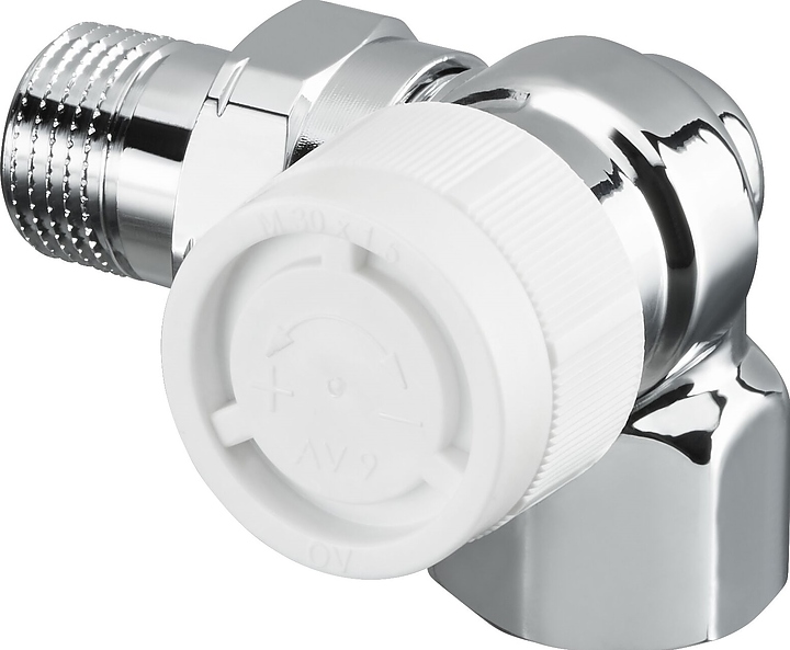 Вентиль термостатический трехосевой правый Oventrop СV9 1162473, ДУ 15, PN 10, Rp 1/2" (ВР) - R 1/2" (НР) - М 30х1.5, хромированная латунь, с преднастойкой