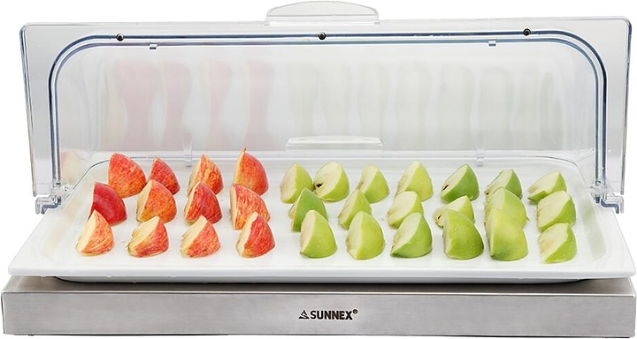 Поднос для выкладки Sunnex MSSCP-1/1+C88683+88189L 53х32,5х19 см (фарфор) с крышкой Roll-top (пластик) и подставкой (нерж. сталь) с хладагентом