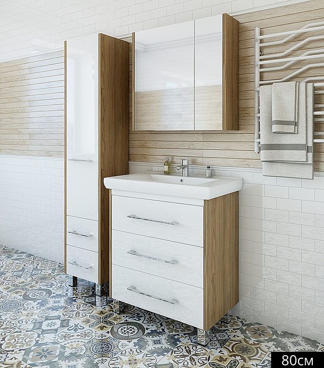 Гарнитур Sanflor Ларго 80 см, 4 предмета, напольный, с левост. зеркалом, с левост. пеналом, белый, швейцарский вяз