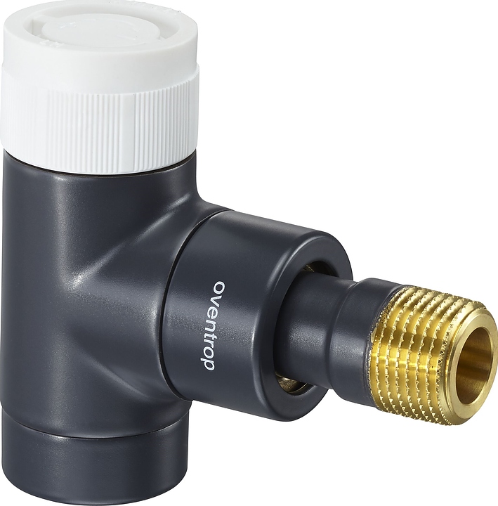 Вентиль термостатический угловой Oventrop E 1163032, ДУ 15, PN 10, Rp 1/2" (ВР) - R 1/2" (НР) - М 30х1.5, латунь, антрацит (RAL 7016), с преднастойкой