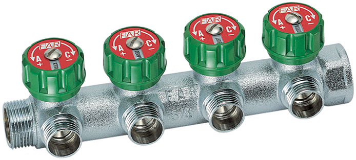 Коллектор FAR MULTIFAR  FK 3824 112TP 1" ВР/НР на 4 вых 1/2" НР м/о 45мм под плоское уплотнение с регулирующими клапанами