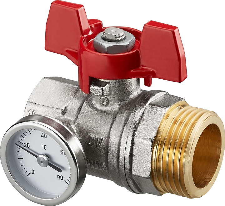 Кран шаровой Oventrop 1406483, ДУ 20, PN 16, G 3/4" (ВР) - G 1" (НР), никелированная латунь, плоское уплотнение, с термометром и красным маховиком