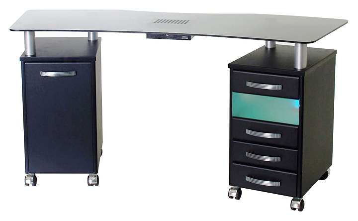 Стол маникюрный Пластэк-Техник одноместный, с 2 тумбами, стеклянной фигурной столешницей, УФ-блоком и вытяжкой