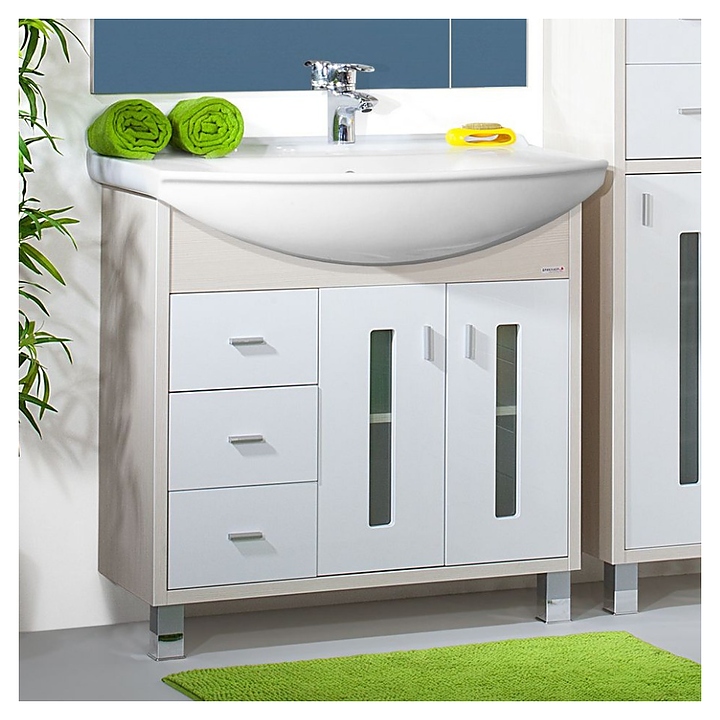 Тумба под раковину БРИКЛАЕР Бали 85 см напольная, светлая лиственница/белый глянец