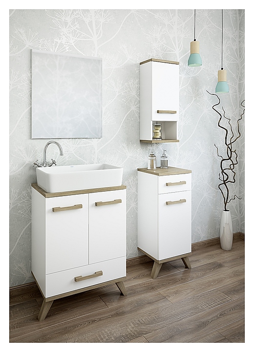 Гарнитур Sanflor Ингрид 80 см, 5 предметов, с подвесн. шкафом 30 см, с тумбой 30 см, бел. матовый, вяз швейцарский