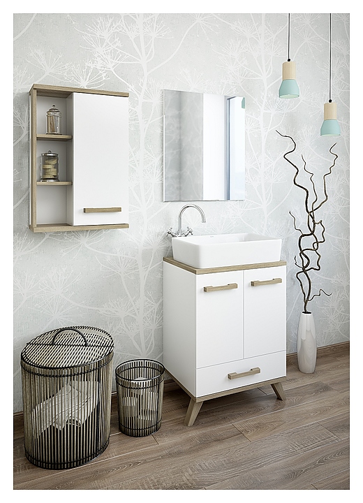 Гарнитур Sanflor Ингрид 60 см, 4 предмета, с подвесн. шкафом 50 см, белый матовый, вяз швейцарский