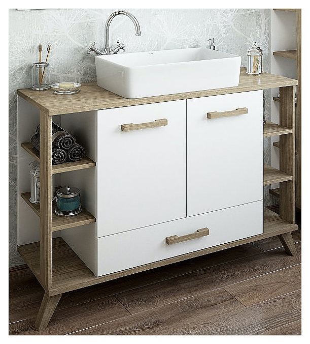Тумба с раковиной Sanflor Ингрид 120 см белая матовая, вяз швейцарский