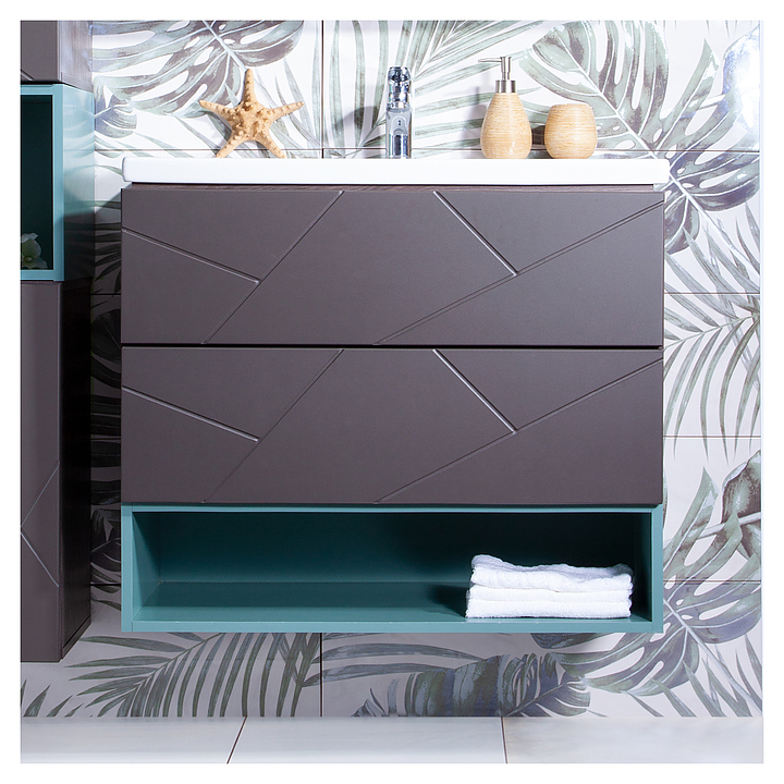 Тумба под раковину БРИКЛАЕР Кристалл 80 см с нишей, подвесная, ясень анкор темный, софт графит, муссон