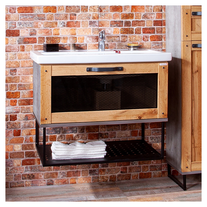 Тумба под раковину БРИКЛАЕР Лофт 80 см подвесная, дуб золотой, метрополитен грей